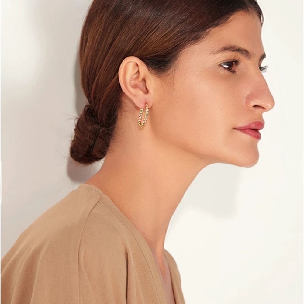 Free People Gold Oval Rainbow Huggie Hoop Earrings Multicolor Cubic Zirconia - Picture 5 of 8